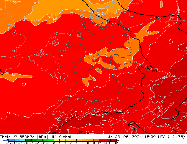 Theta-W 850гПа UK-Global пн 03.06.2024 18 UTC