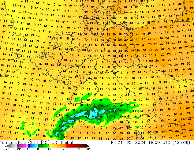 Temperature (2m) UK-Global Fr 31.05.2024 18 UTC