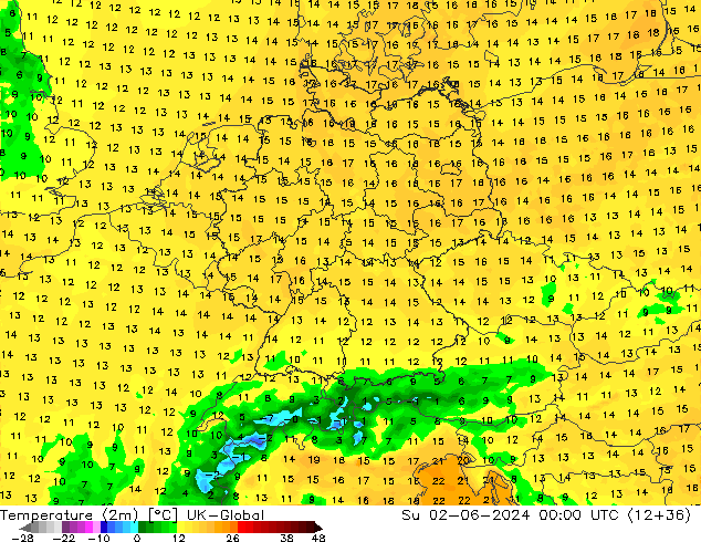 Temperature (2m) UK-Global Su 02.06.2024 00 UTC
