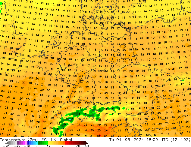 Temperature (2m) UK-Global Út 04.06.2024 18 UTC