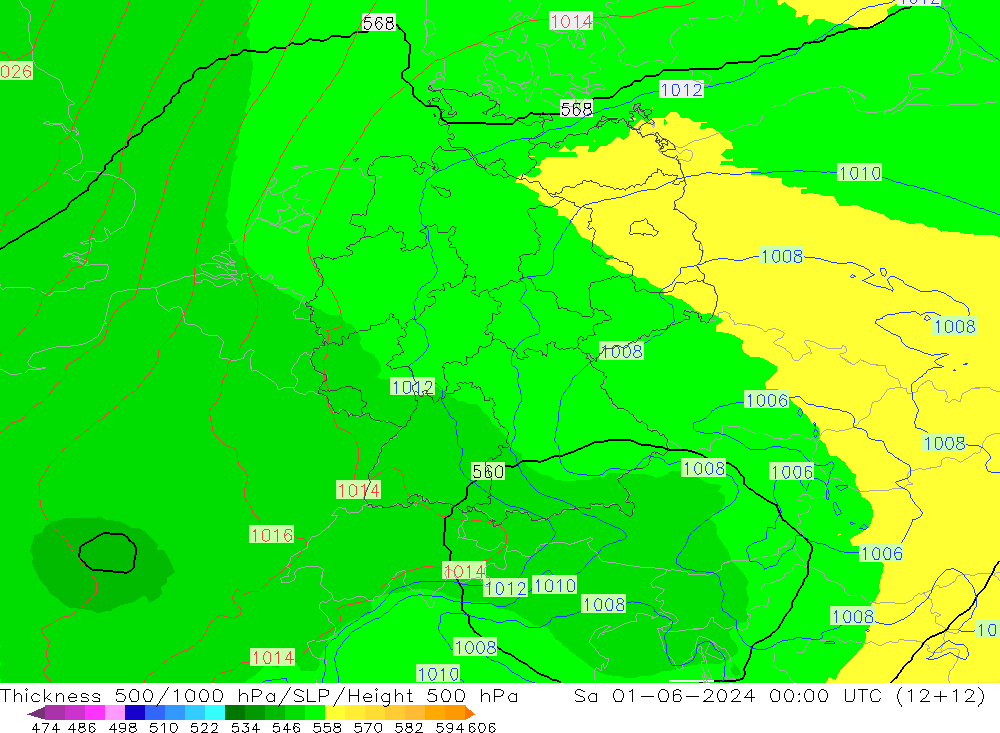 Espesor 500-1000 hPa UK-Global sáb 01.06.2024 00 UTC