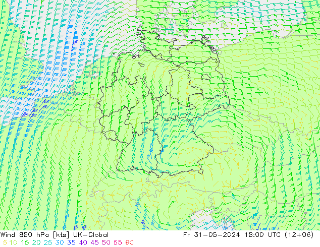 Wind 850 hPa UK-Global Fr 31.05.2024 18 UTC