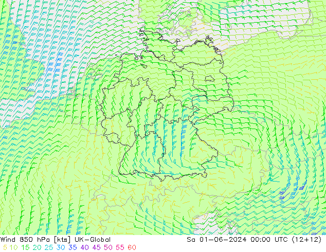 Vento 850 hPa UK-Global Sáb 01.06.2024 00 UTC