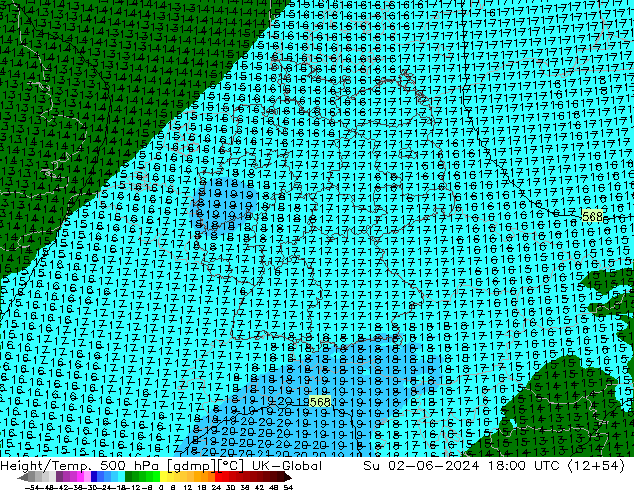 Height/Temp. 500 hPa UK-Global Su 02.06.2024 18 UTC