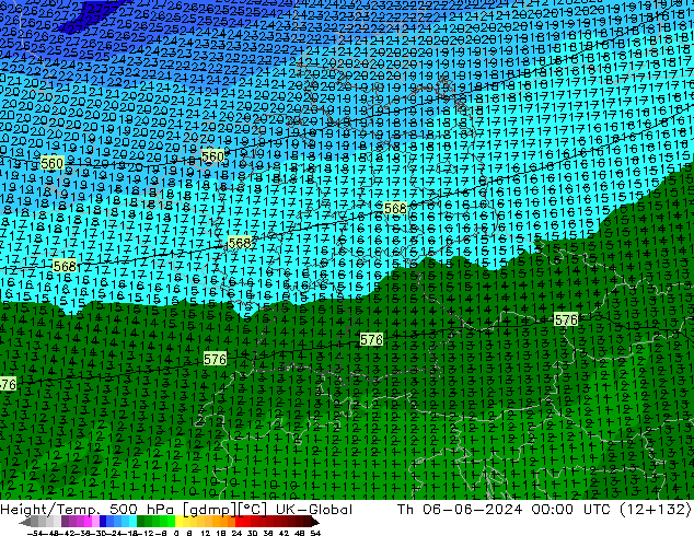 Height/Temp. 500 hPa UK-Global Th 06.06.2024 00 UTC