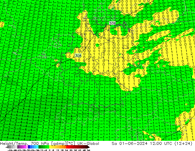 Height/Temp. 700 hPa UK-Global  01.06.2024 12 UTC