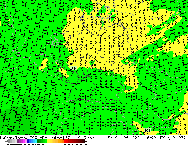 Height/Temp. 700 hPa UK-Global Sa 01.06.2024 15 UTC