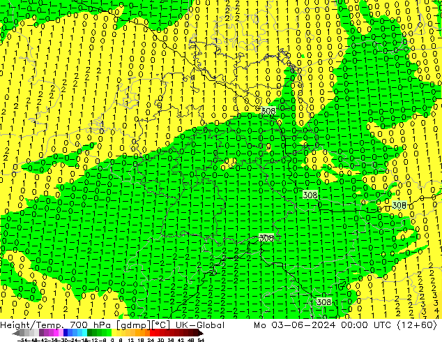 Height/Temp. 700 hPa UK-Global Mo 03.06.2024 00 UTC