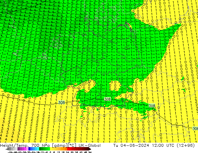 Height/Temp. 700 hPa UK-Global  04.06.2024 12 UTC