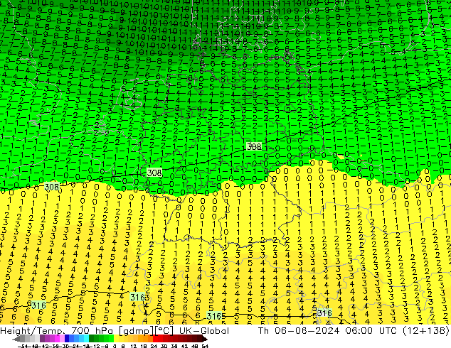 Height/Temp. 700 hPa UK-Global Qui 06.06.2024 06 UTC