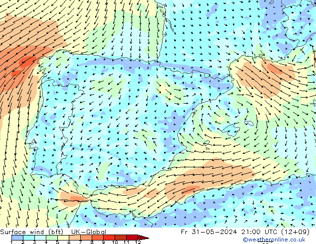 Surface wind (bft) UK-Global Fr 31.05.2024 21 UTC