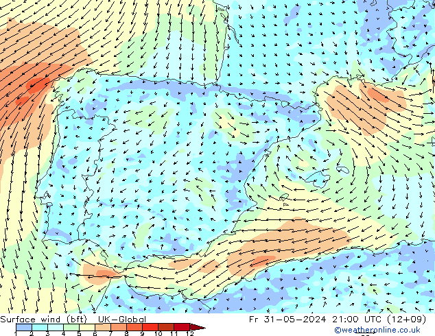 Wind 10 m (bft) UK-Global vr 31.05.2024 21 UTC