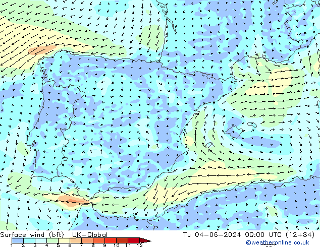 Wind 10 m (bft) UK-Global di 04.06.2024 00 UTC