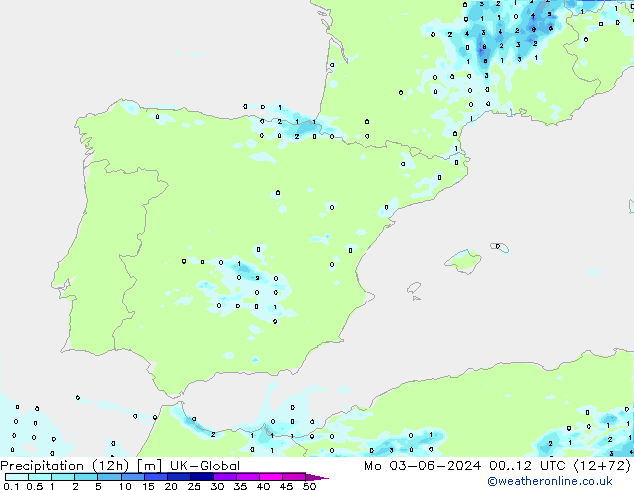 Totale neerslag (12h) UK-Global ma 03.06.2024 12 UTC