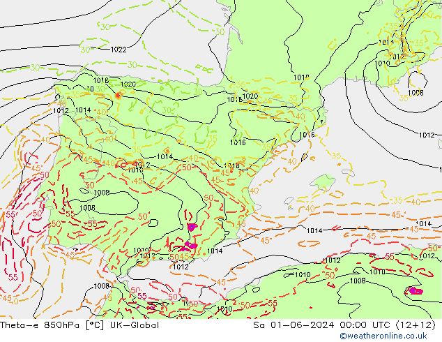 Theta-e 850hPa UK-Global Sa 01.06.2024 00 UTC