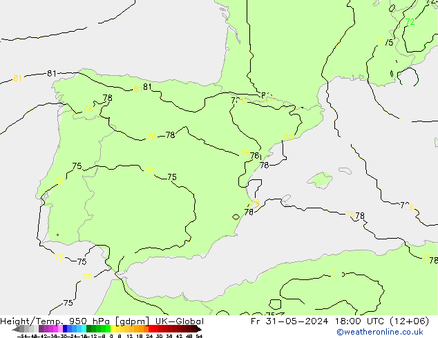 Height/Temp. 950 hPa UK-Global Fr 31.05.2024 18 UTC