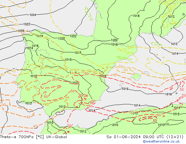 Theta-e 700hPa UK-Global Sa 01.06.2024 09 UTC