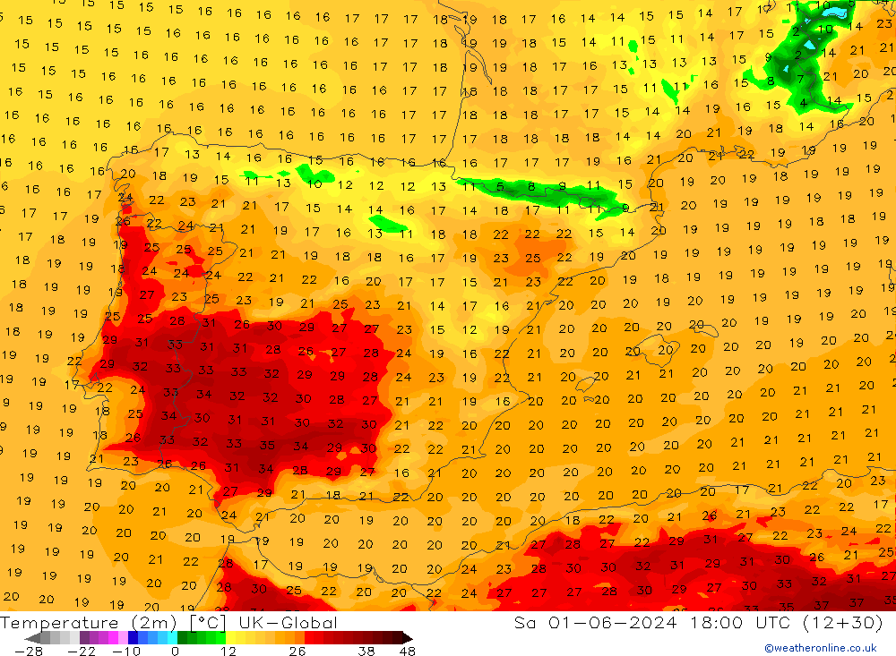 Temperature (2m) UK-Global So 01.06.2024 18 UTC