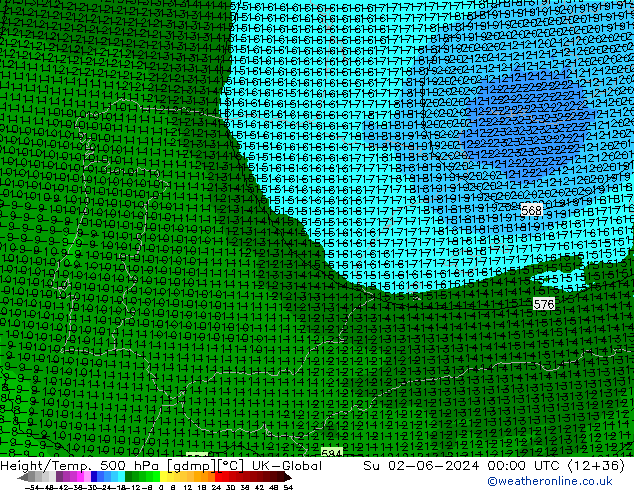 Height/Temp. 500 hPa UK-Global Dom 02.06.2024 00 UTC