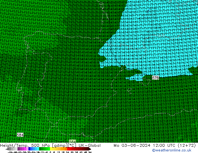 Height/Temp. 500 hPa UK-Global Seg 03.06.2024 12 UTC