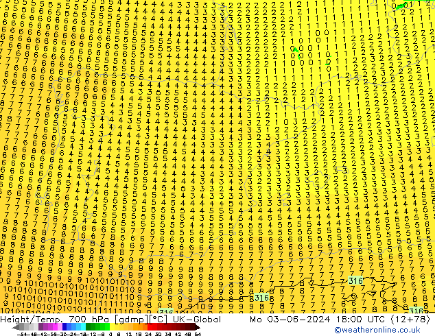 Height/Temp. 700 hPa UK-Global Mo 03.06.2024 18 UTC