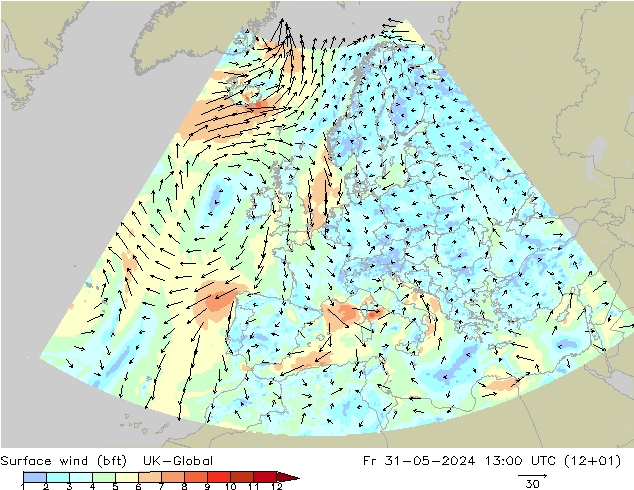 Surface wind (bft) UK-Global Fr 31.05.2024 13 UTC