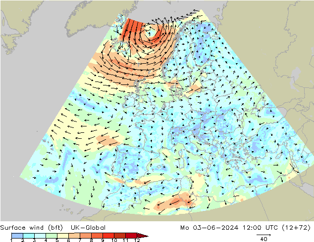 Surface wind (bft) UK-Global Mo 03.06.2024 12 UTC
