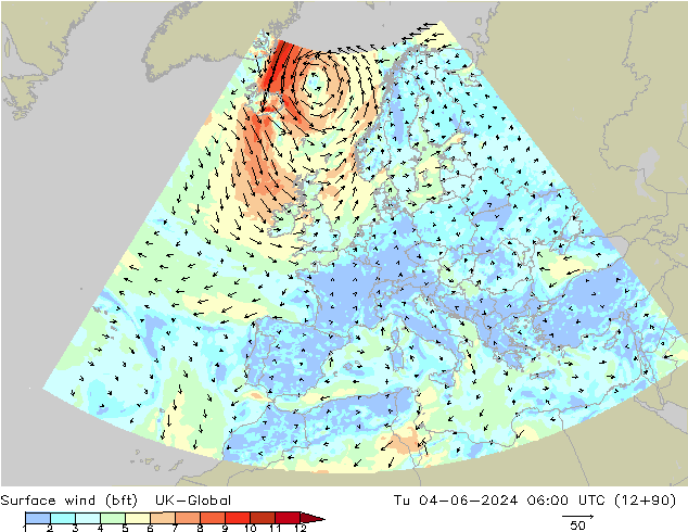 Vento 10 m (bft) UK-Global mar 04.06.2024 06 UTC