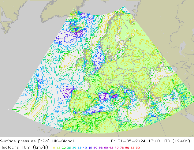 Isotachs (kph) UK-Global ven 31.05.2024 13 UTC