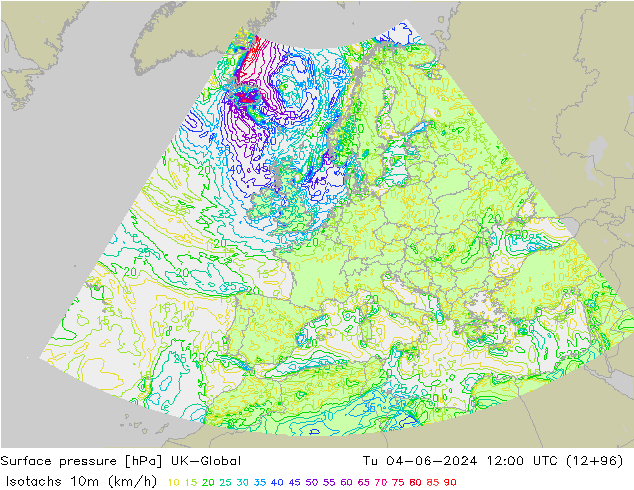 Isotachs (kph) UK-Global Út 04.06.2024 12 UTC