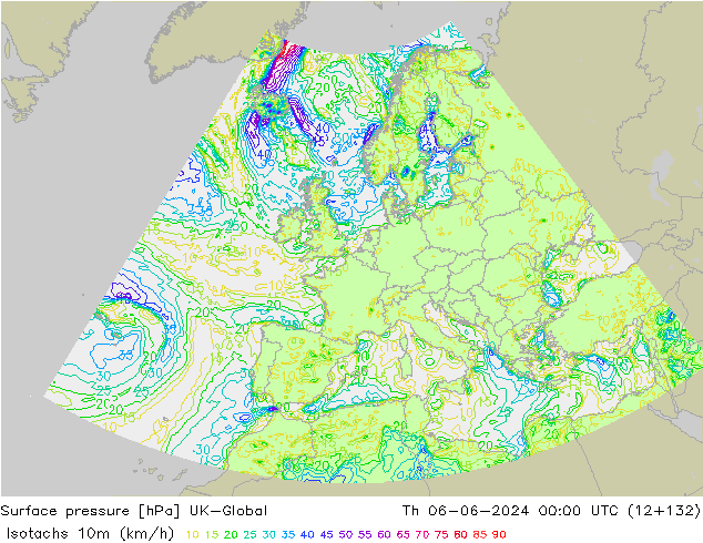 Isotachs (kph) UK-Global gio 06.06.2024 00 UTC
