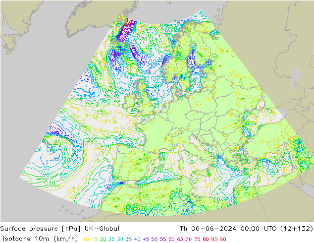 Izotacha (km/godz) UK-Global czw. 06.06.2024 00 UTC