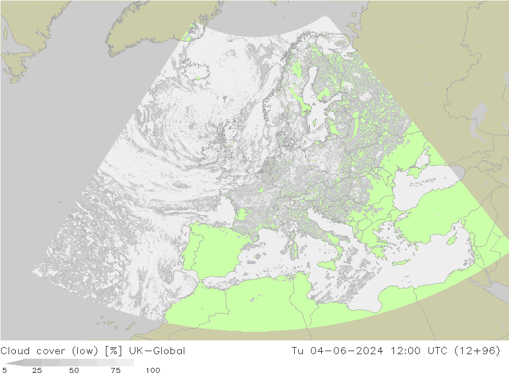 Bewolking (Laag) UK-Global di 04.06.2024 12 UTC