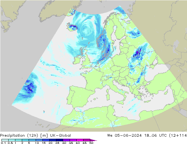 Totale neerslag (12h) UK-Global wo 05.06.2024 06 UTC