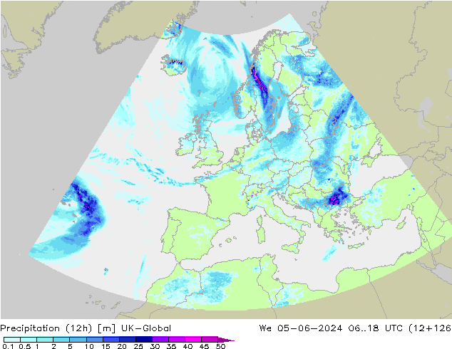 Precipitation (12h) UK-Global We 05.06.2024 18 UTC