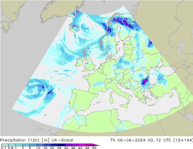 Precipitation (12h) UK-Global Čt 06.06.2024 12 UTC