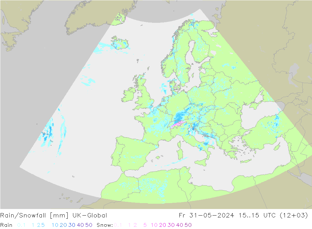 Rain/Snowfall UK-Global ven 31.05.2024 15 UTC