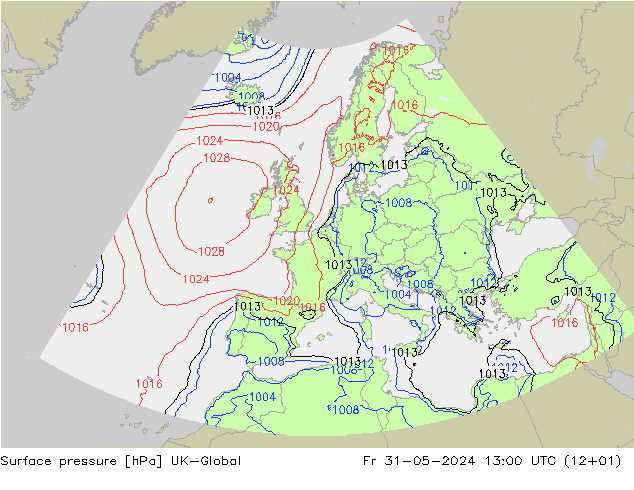 Pressione al suolo UK-Global ven 31.05.2024 13 UTC