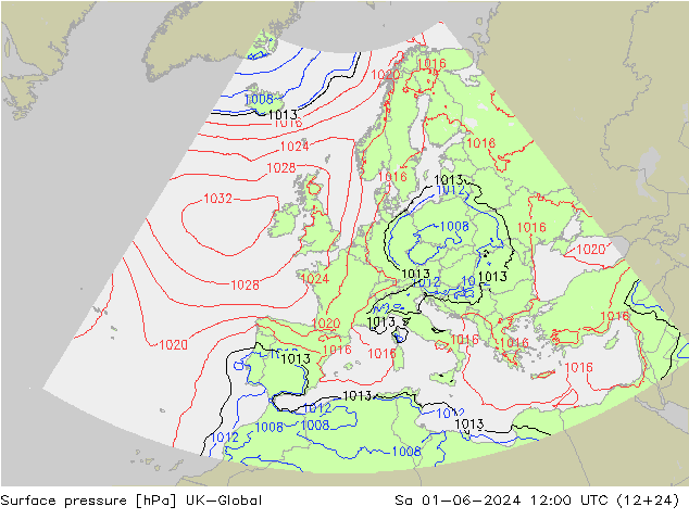 Pressione al suolo UK-Global sab 01.06.2024 12 UTC