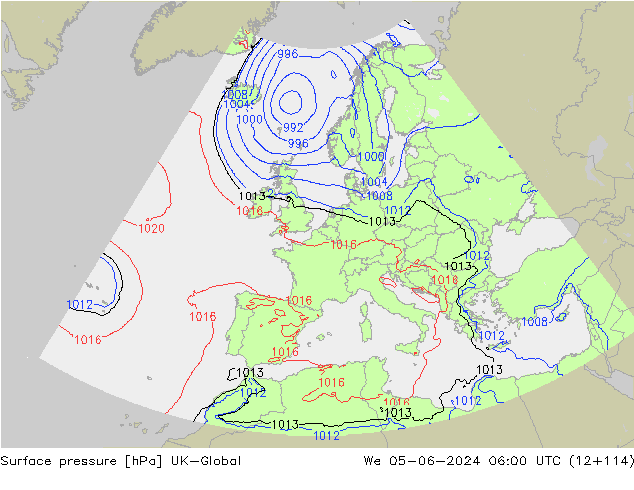 Pressione al suolo UK-Global mer 05.06.2024 06 UTC