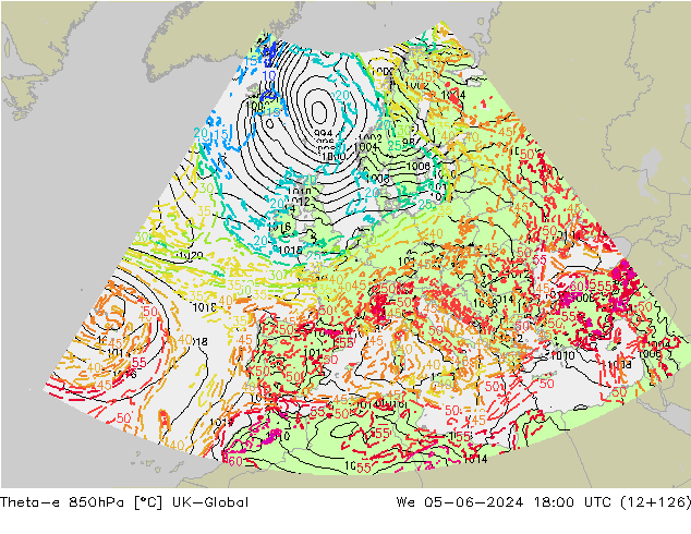 Theta-e 850hPa UK-Global Çar 05.06.2024 18 UTC