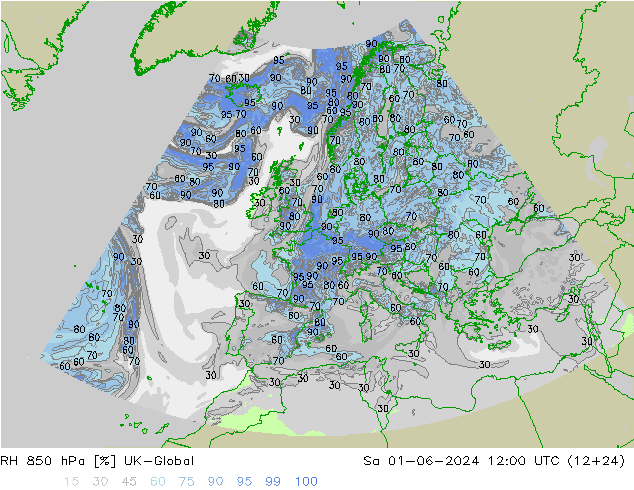 RH 850 hPa UK-Global 星期六 01.06.2024 12 UTC