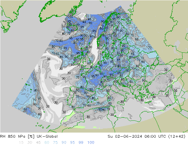 RH 850 hPa UK-Global So 02.06.2024 06 UTC