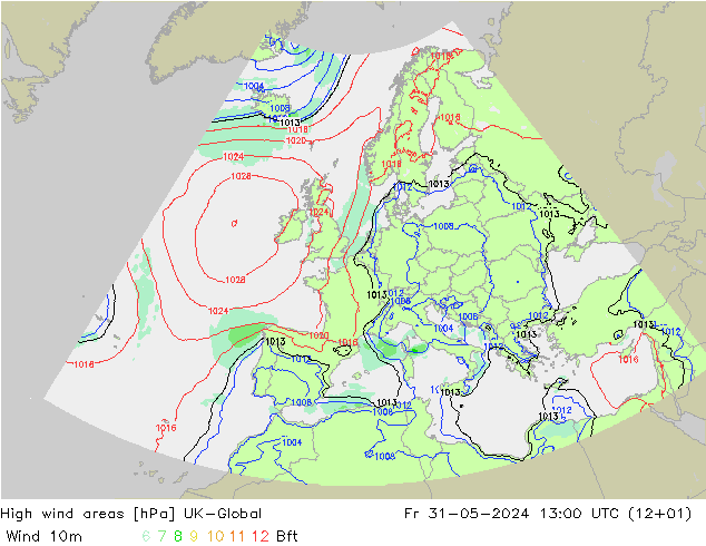 High wind areas UK-Global Fr 31.05.2024 13 UTC
