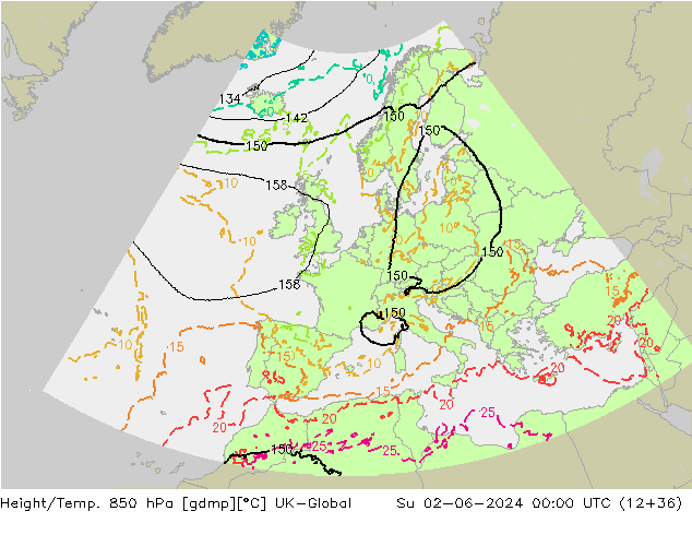 Height/Temp. 850 hPa UK-Global Dom 02.06.2024 00 UTC