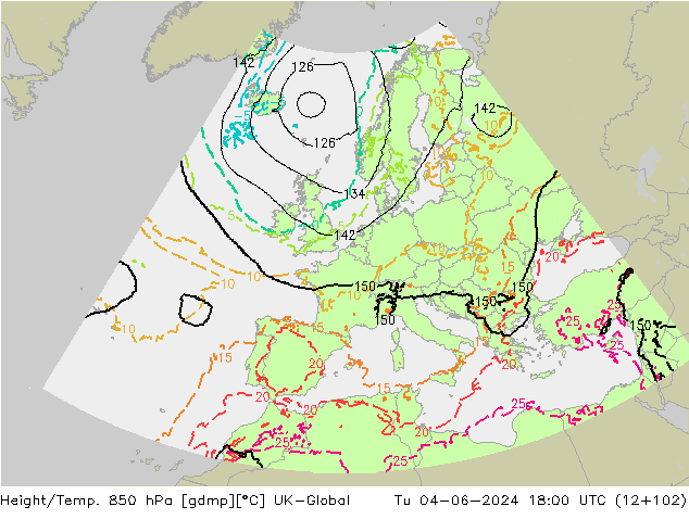Height/Temp. 850 hPa UK-Global Tu 04.06.2024 18 UTC