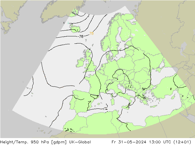 Geop./Temp. 950 hPa UK-Global vie 31.05.2024 13 UTC