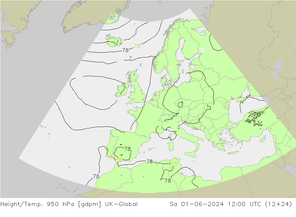 Yükseklik/Sıc. 950 hPa UK-Global Cts 01.06.2024 12 UTC
