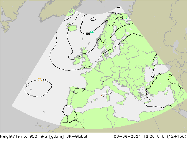 Height/Temp. 950 hPa UK-Global Th 06.06.2024 18 UTC