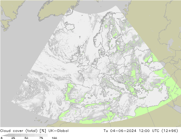 Bewolking (Totaal) UK-Global di 04.06.2024 12 UTC